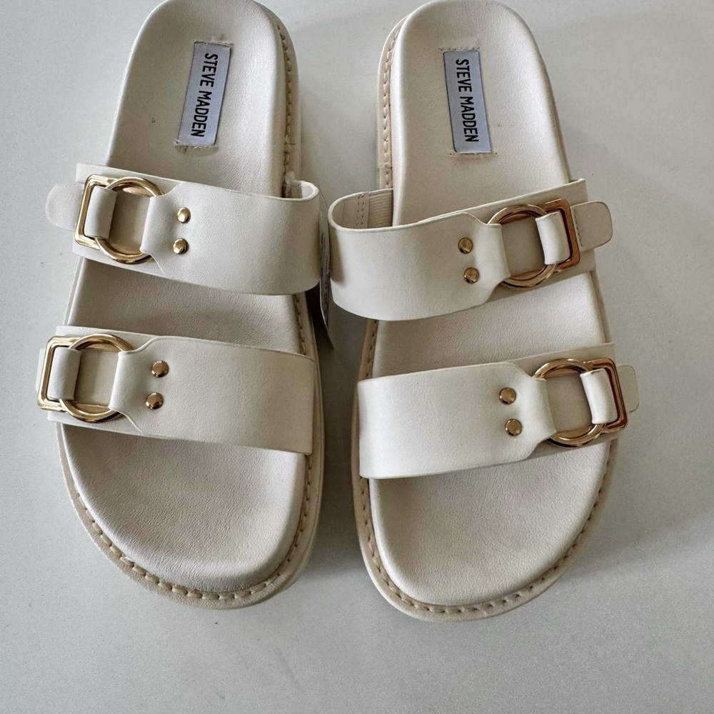 Steve Madden Brooklin Ivory Slides with Gold Accents